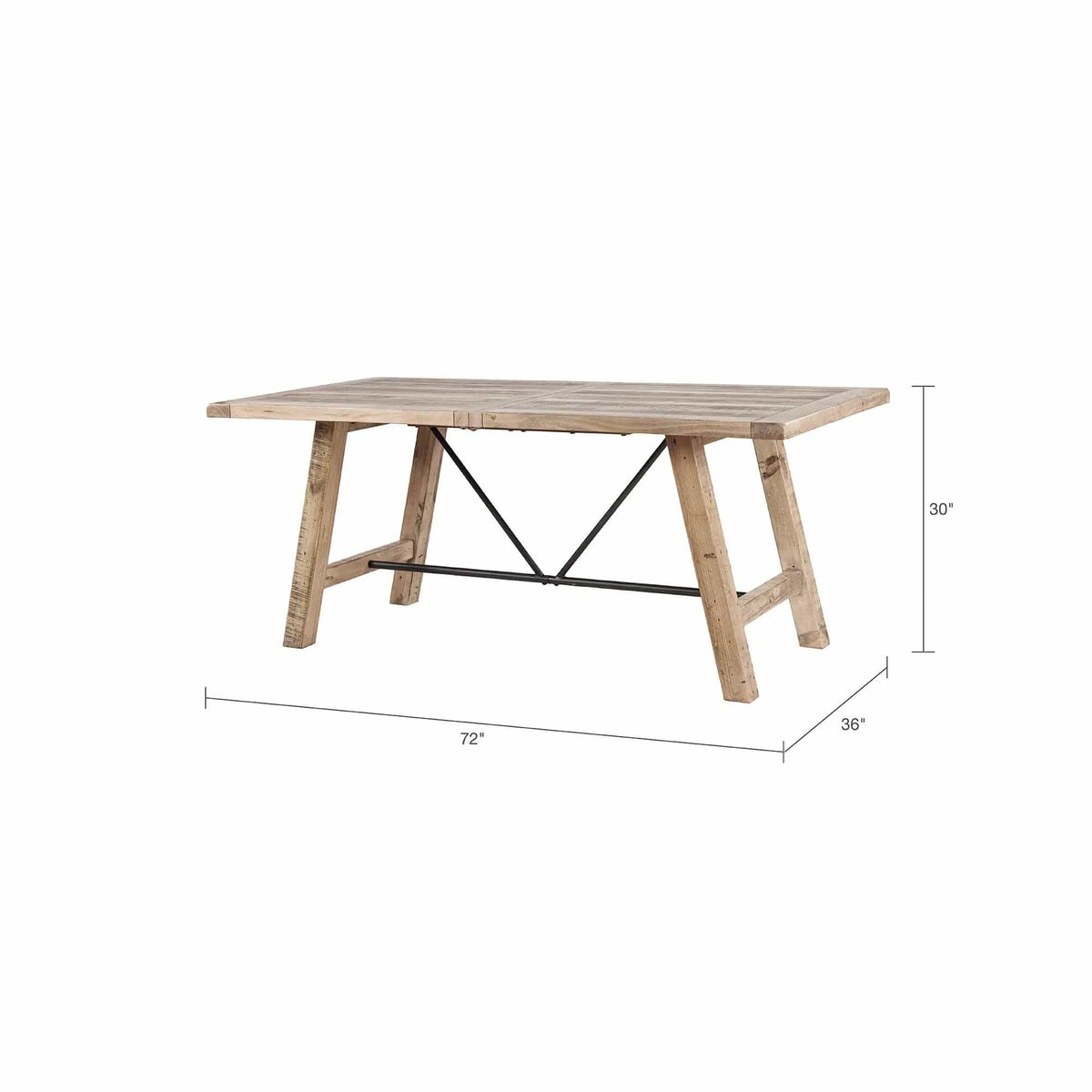 Rustic Dining Table With Metal Support - | 36 x 72 x 30 in | Pine Wood & Metal | Natural