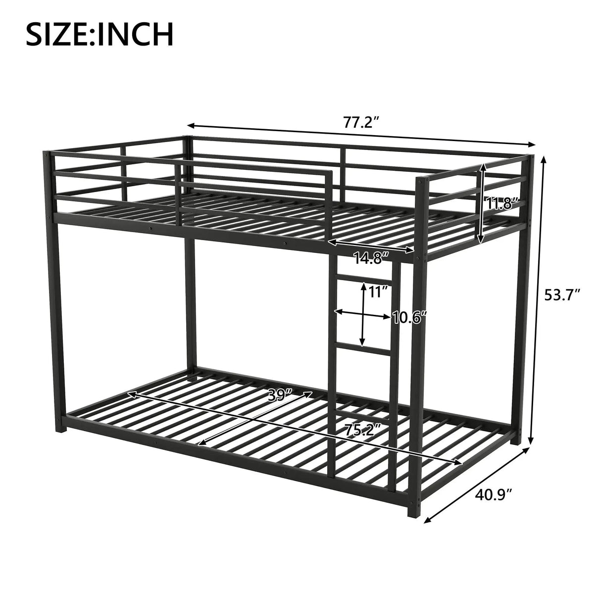 Metal Bunk Bed | Full Over Full Frame | Low Bunk With Ladder | Heavy Gauge Tubular Steel