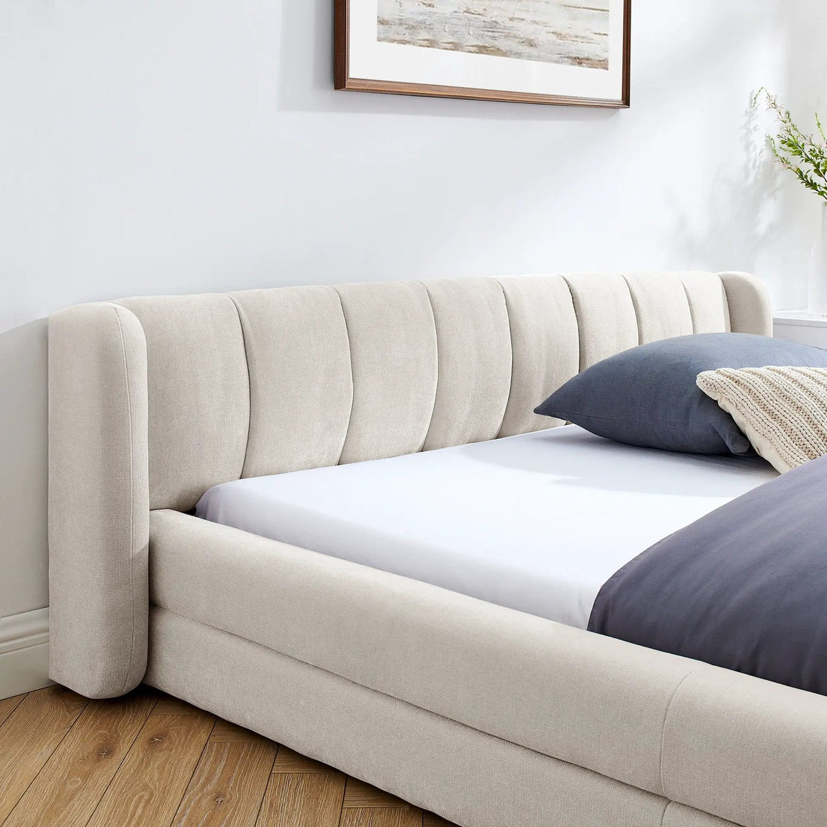 Modern Upholstered Bed Frame | Queen Size | Thick Fabric Upholstery | Grounded Headboard Design