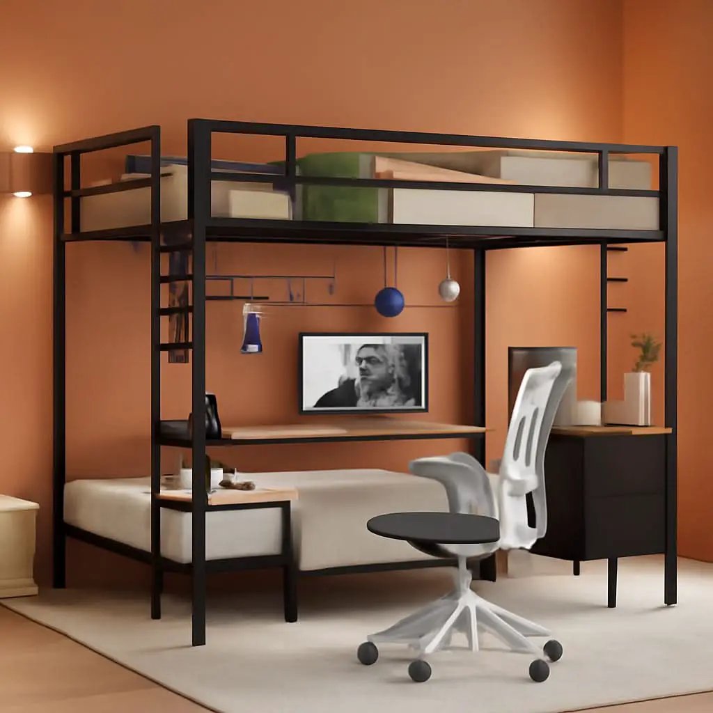 Black Full Over Twin Metal Bunk Bed With Desk LED Lights from PriceLows™