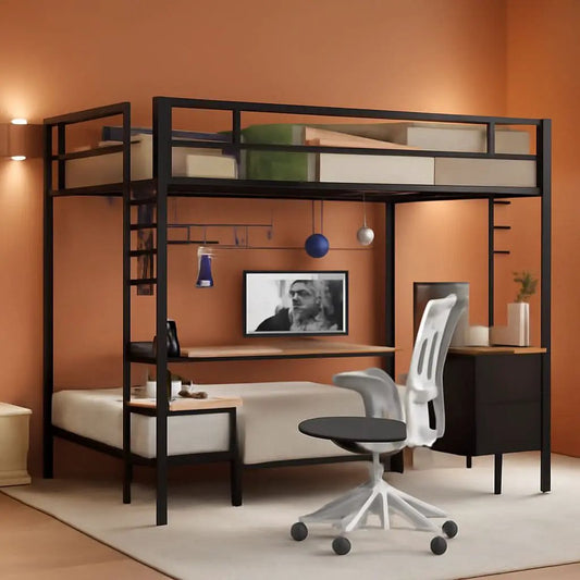 Black Full Over Twin Metal Bunk Bed With Desk LED Lights from PriceLows™