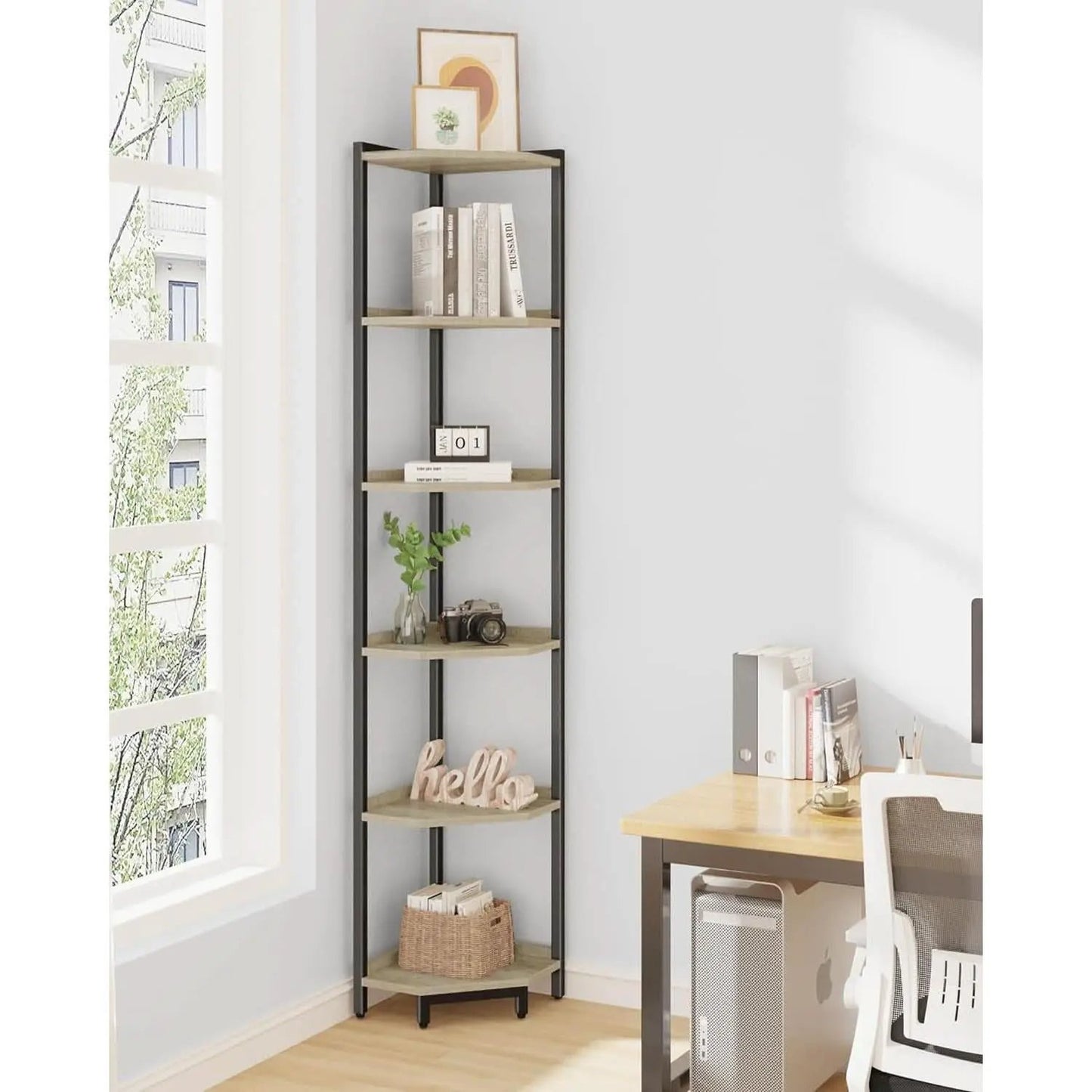 6-Tier Greige Corner Shelf Stand For Living Room And Office from PriceLows™