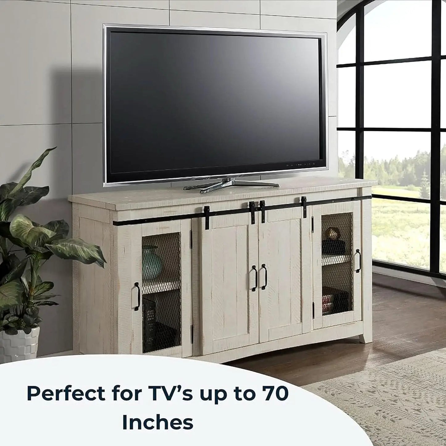 65 Inch Solid Wood TV Stand In Antique White With Storage from PriceLows™