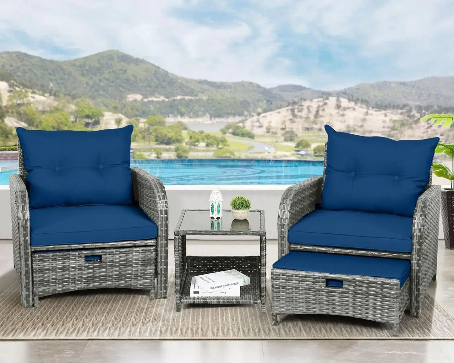 5 Pieces Wicker Outdoor Patio Chairs Set With Ottoman Blue from PriceLows™