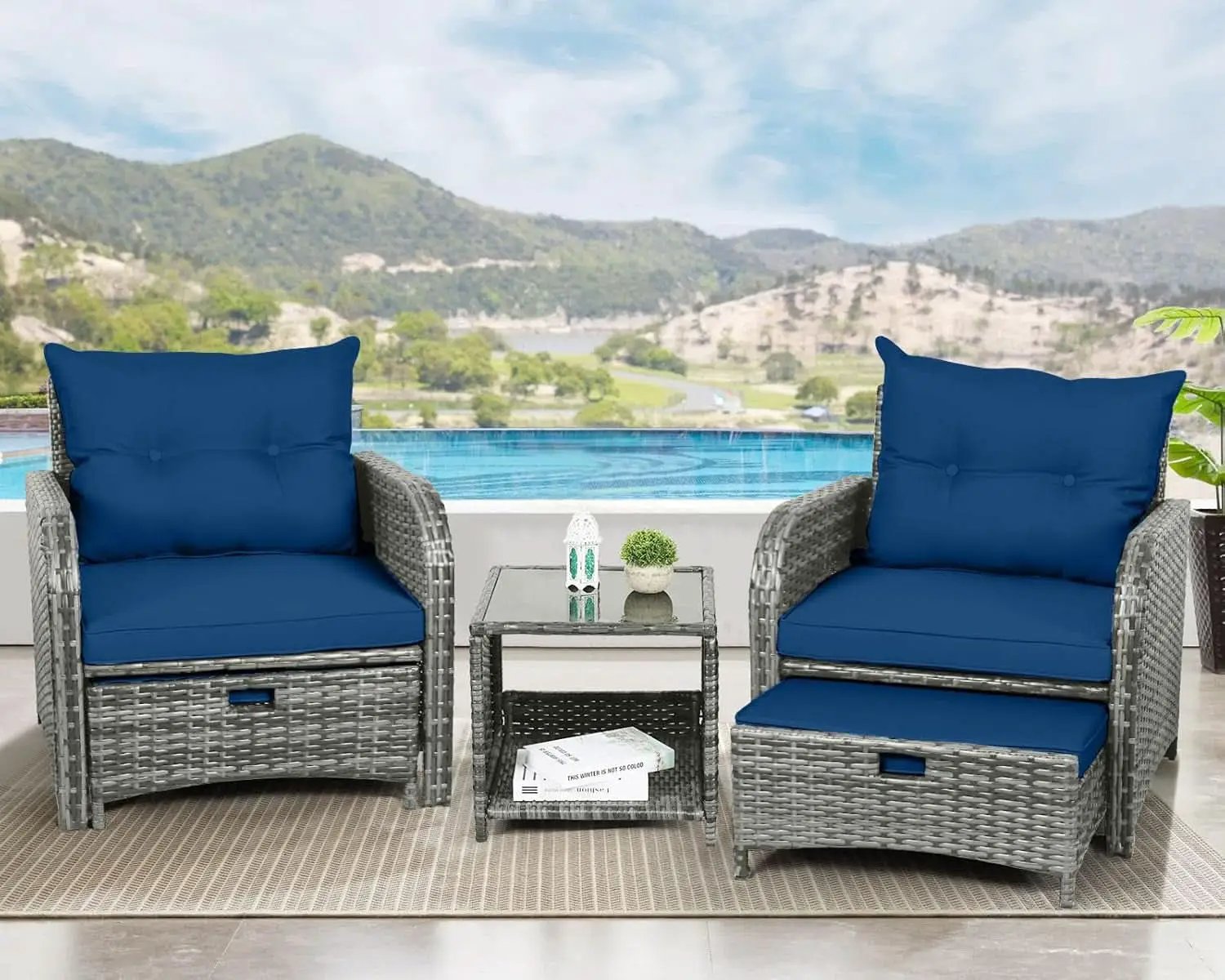 5 Pieces Wicker Outdoor Patio Chairs Set With Ottoman Blue from PriceLows™