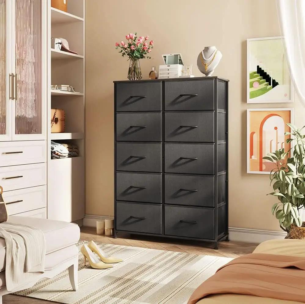 Tall Black Dresser With 10 Drawers And Fabric Bins Storage Organizer from PriceLows™