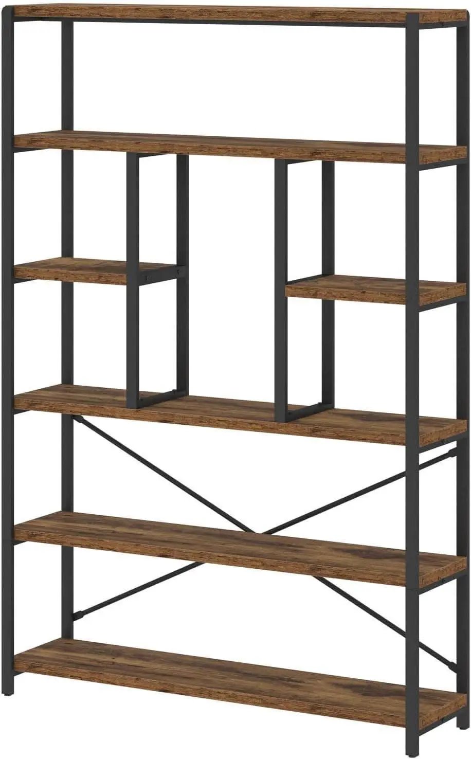 Rustic Industrial 6 Tier Bookcase Brown Wood Black Metal from PriceLows™