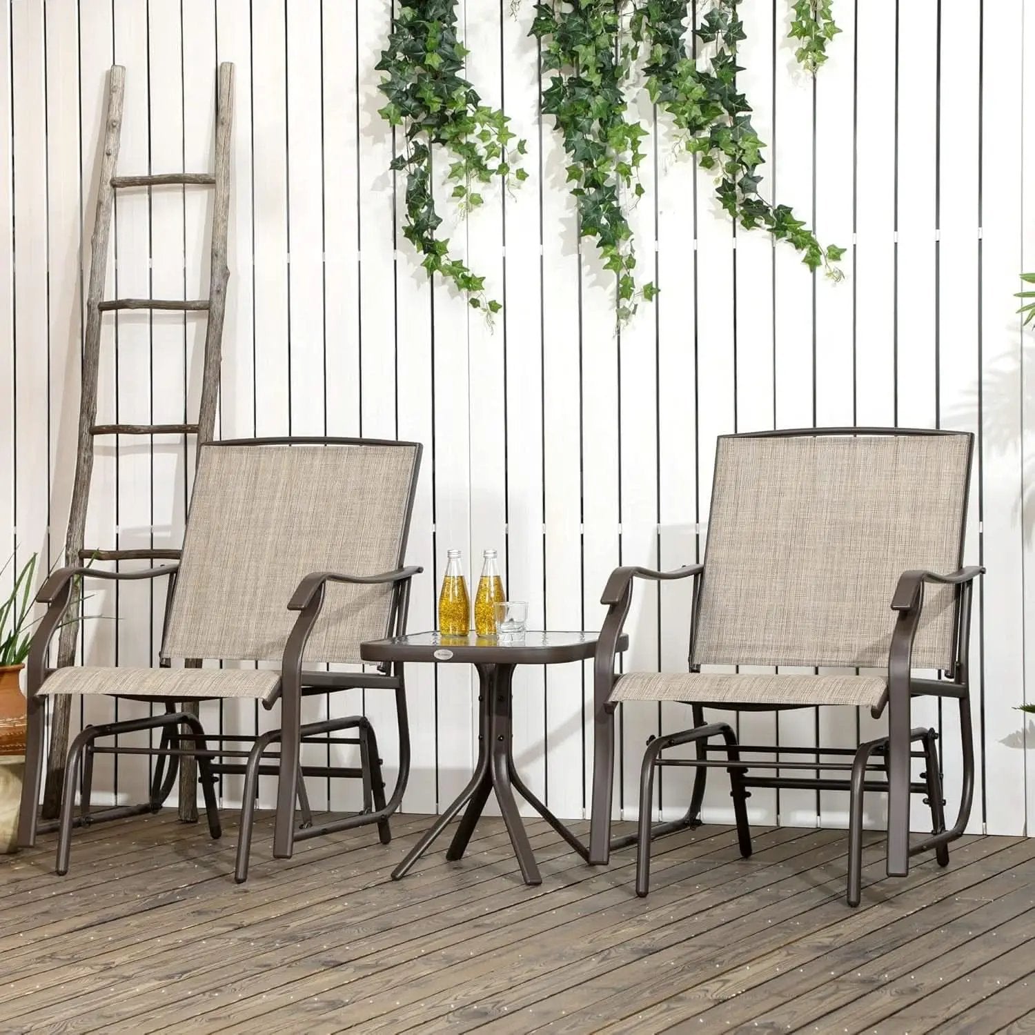 3 Piece Outdoor Glider Chair Bistro Set With Two Sling Chairs And Glass Tabletop Mixed Brown from PriceLows™