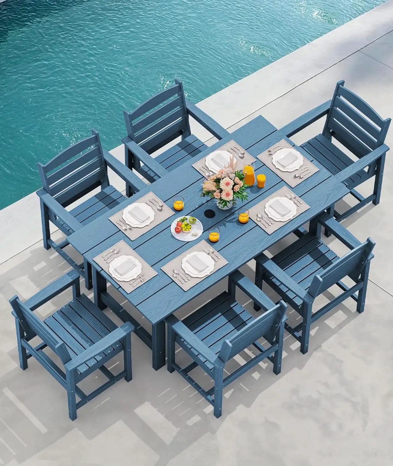 7 Piece Patio Dining Set Outdoor HDPE Table Blue Chairs from PriceLows™