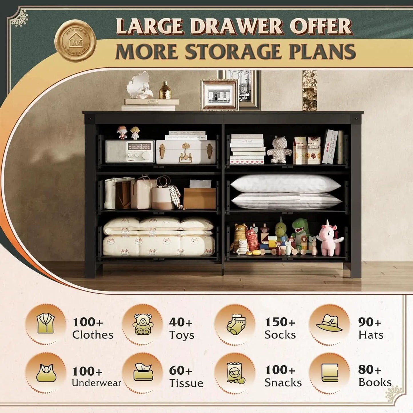Farmhouse Black 6 Drawer Dresser 53InchWide Storage from PriceLows™