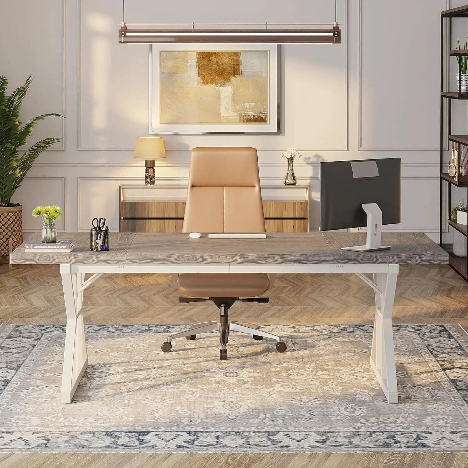 70.8 Inch Grey White Executive Desk Large Home Office from PriceLows™