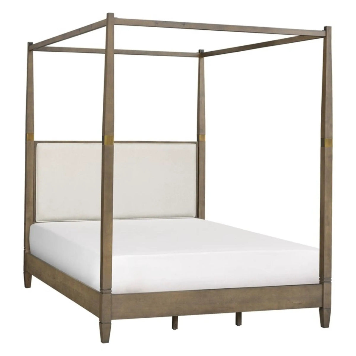 Queen Canopy Bed Frame | Upholstered Headboard | Brown Solid Wood | Gold Metal Cuffs