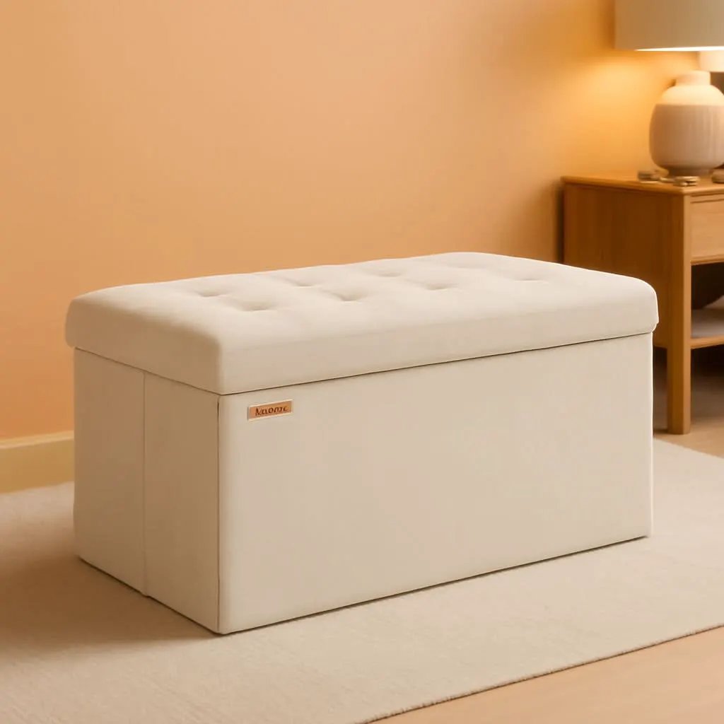 Cream White Foldable Storage Ottoman Bench 15x30x15 from PriceLows™