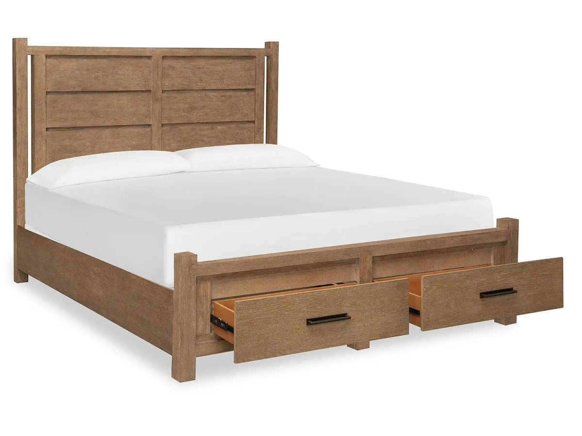 Plum Creek Panel Storage Bed | 6 Pieces | Oak Veneer & Fabric | Bedroom