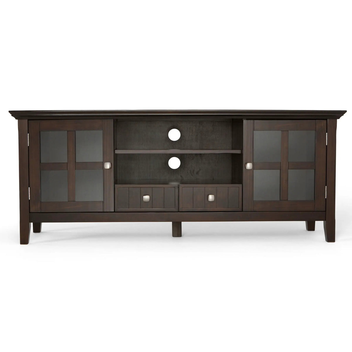 Acadian TV Media Stand | Handcrafted Solid Wood | 2 Bottom Drawers | Tempered Glass Side Cabinets