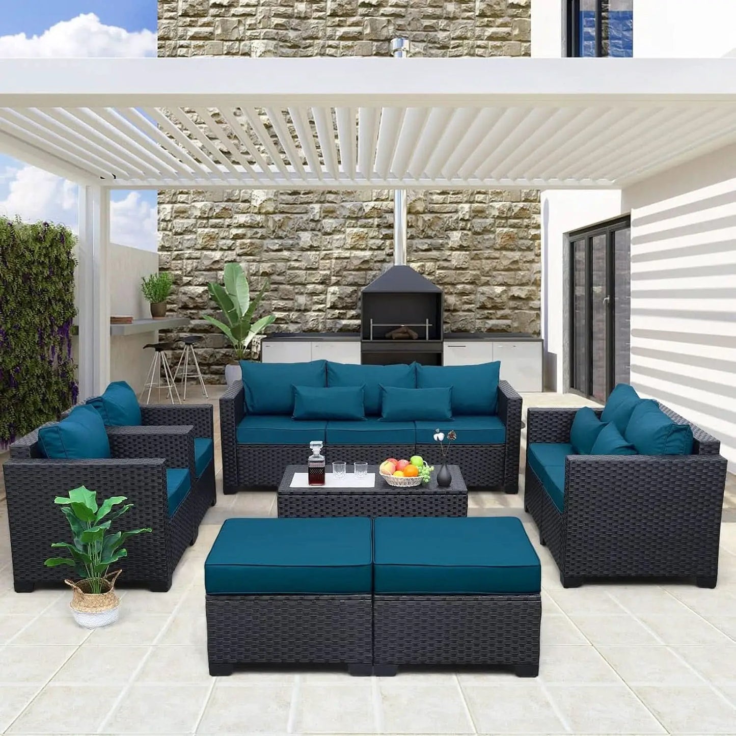Patio Furniture Set 7 Piece Peacock Blue Anti Slip Cushions from PriceLows™