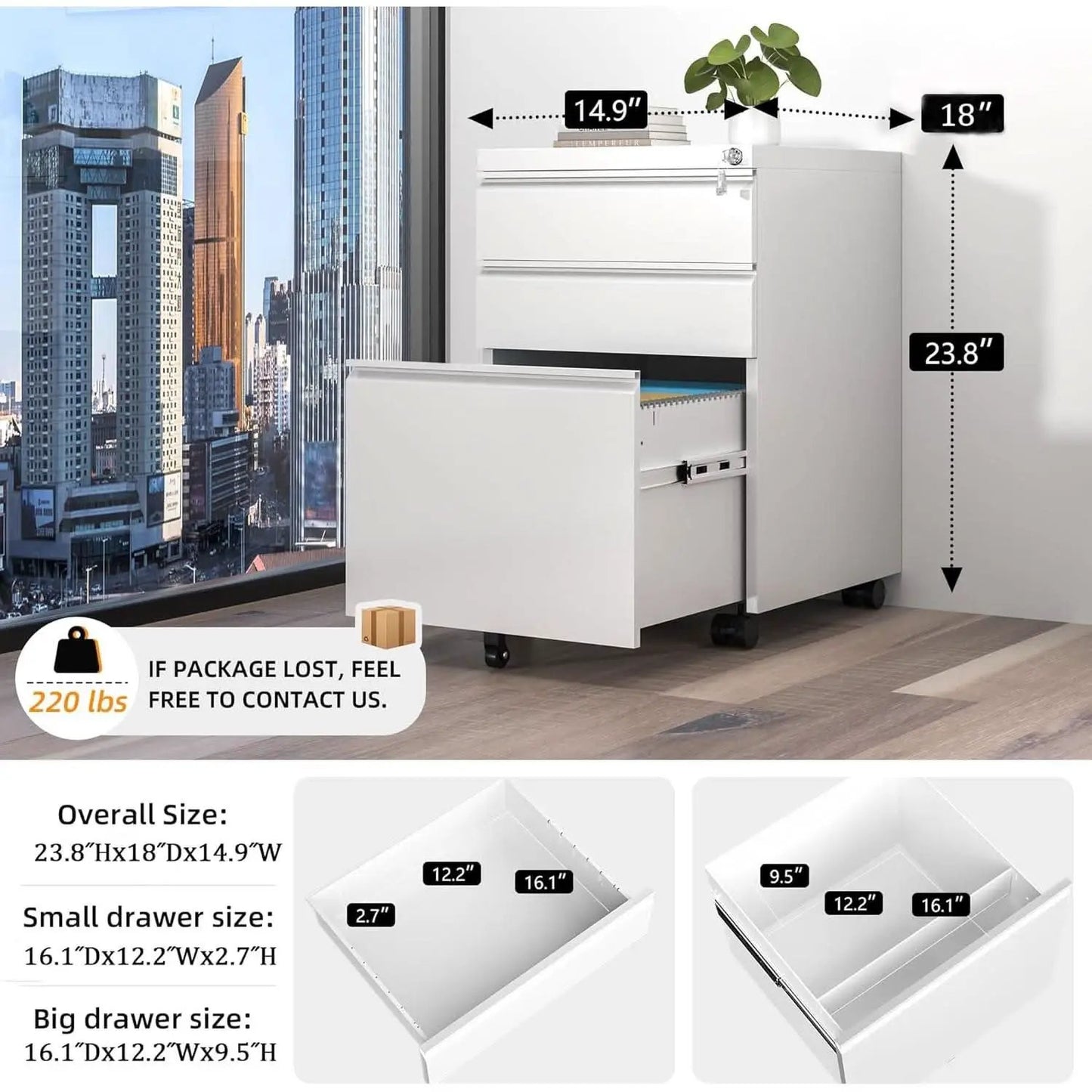 Locking 3-Drawer Rolling File Cabinet For Home Office from PriceLows™