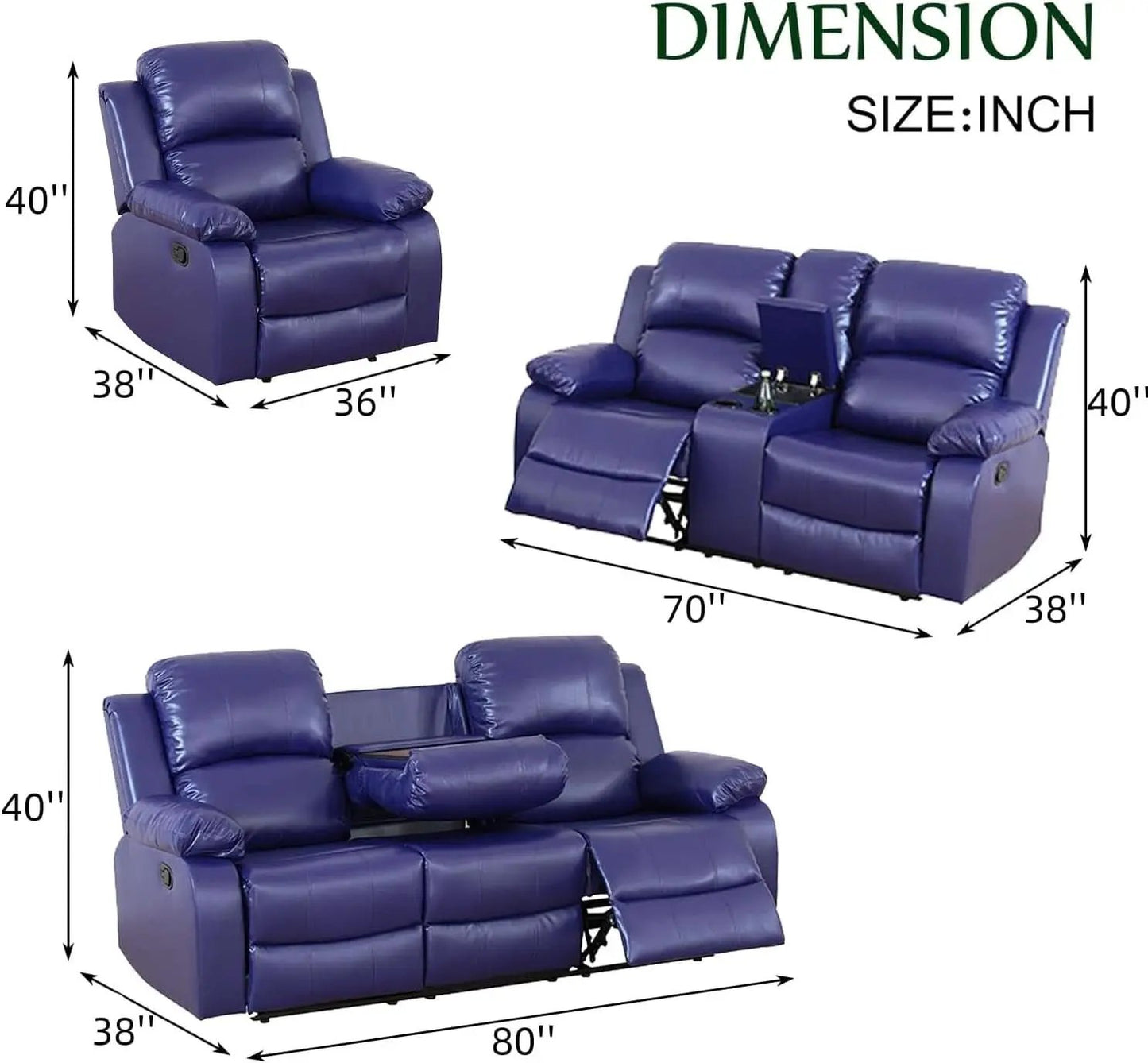 Dark Blue Leather Recliner Sofa Set For Living Room 3 Piece from PriceLows™