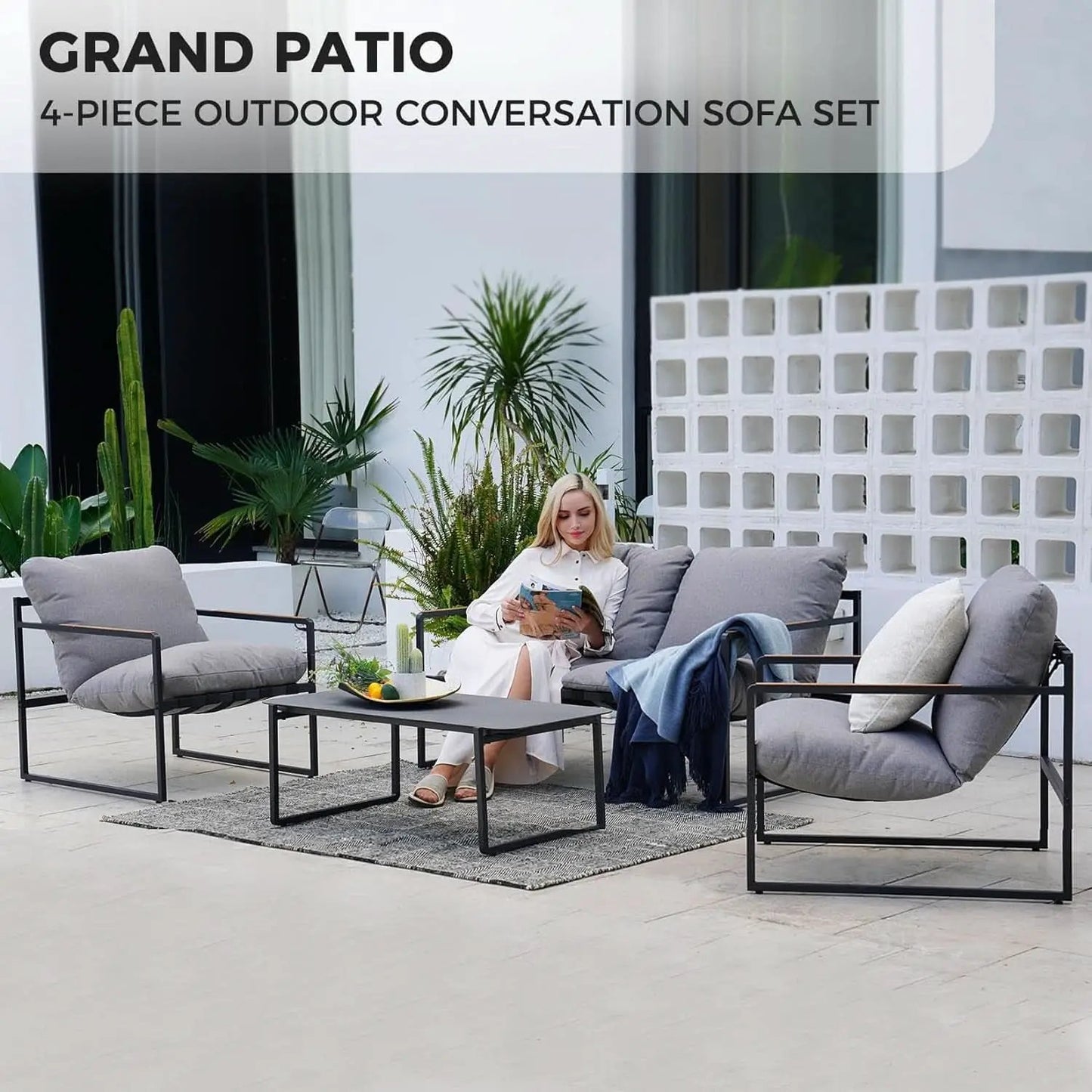 4 Piece Patio Outdoor Furniture Set With Modern Metal Sofa And Coffee Table from PriceLows™