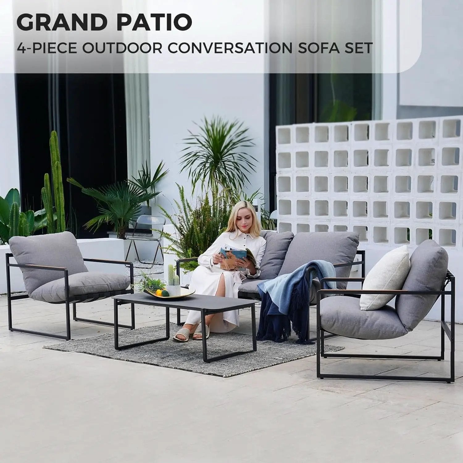 4 Piece Patio Outdoor Furniture Set With Modern Metal Sofa And Coffee Table from PriceLows™