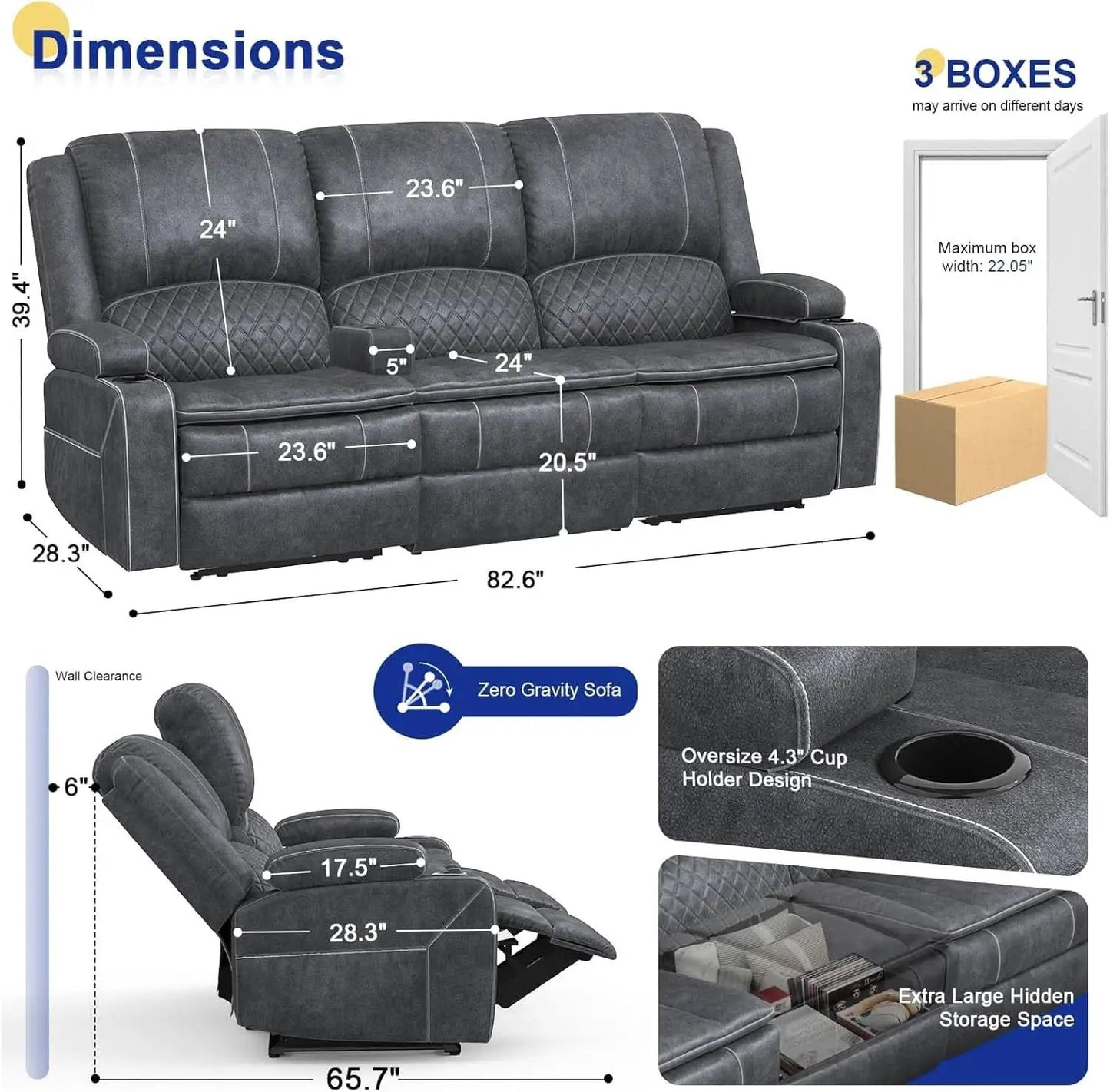 Grey Velvet 3 Seater Recliner Sofa With USB Ports Storage from PriceLows™