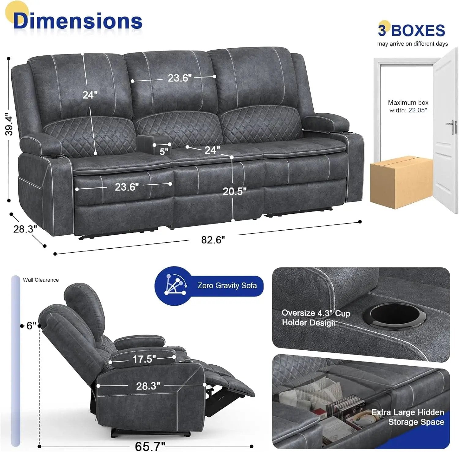 Grey Velvet 3 Seater Recliner Sofa With USB Ports Storage from PriceLows™