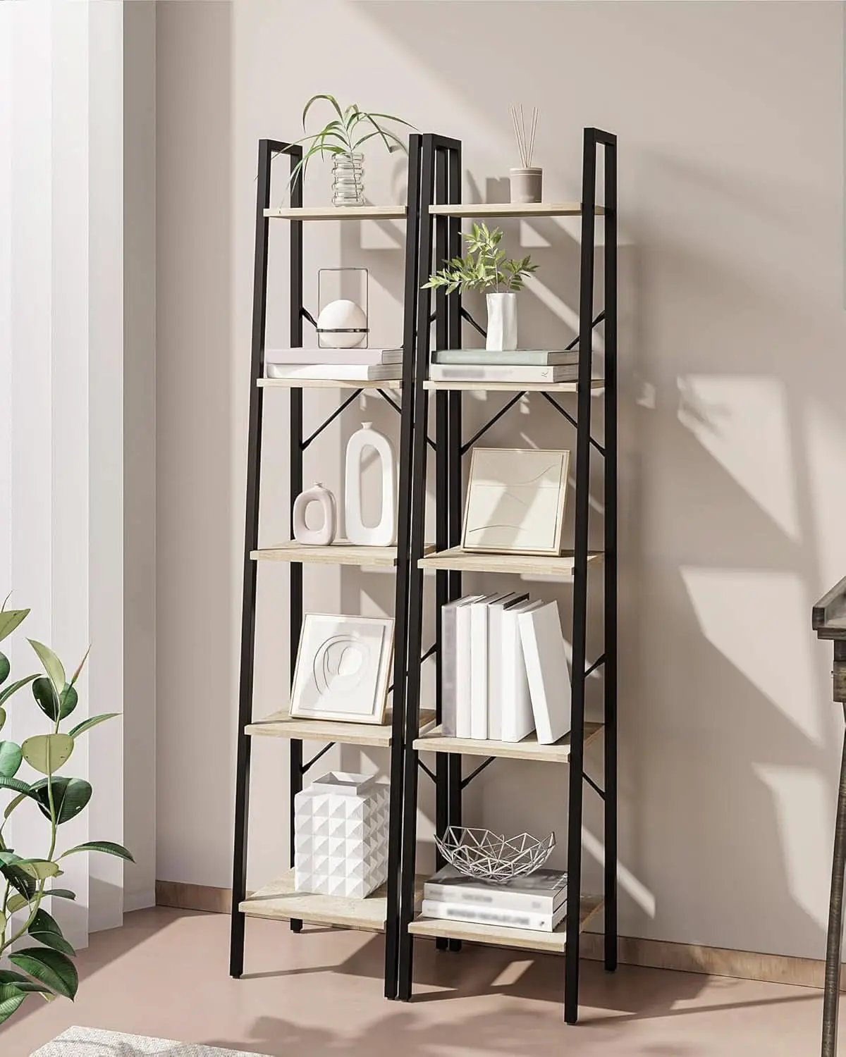 Greige 5 Tier Ladder Shelf Bookcase Freestanding Corner from PriceLows™