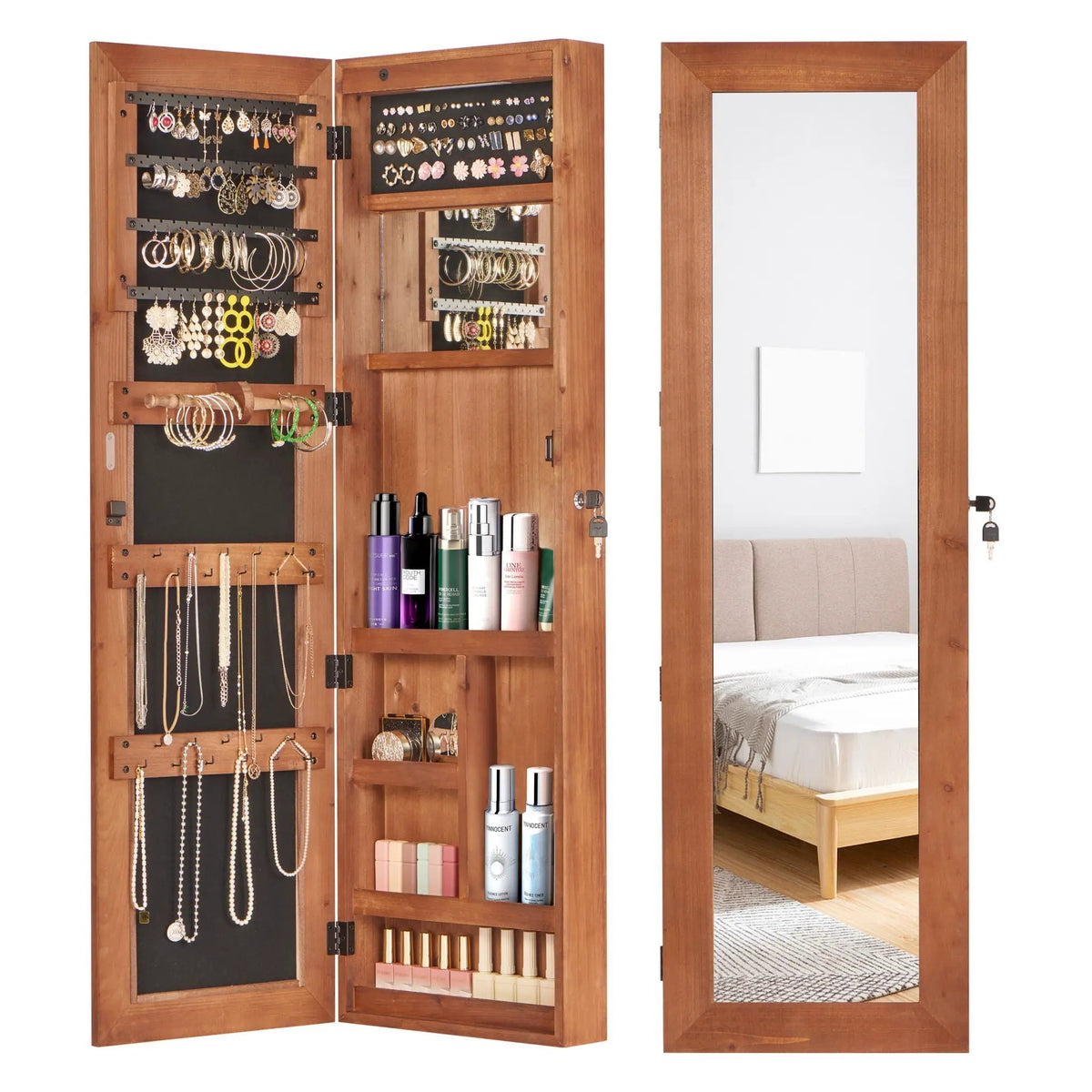 Jewelry Armoire With Full Length Mirror | Lockable Wall Mounted Cabinet | LED Light | Over The Door Use