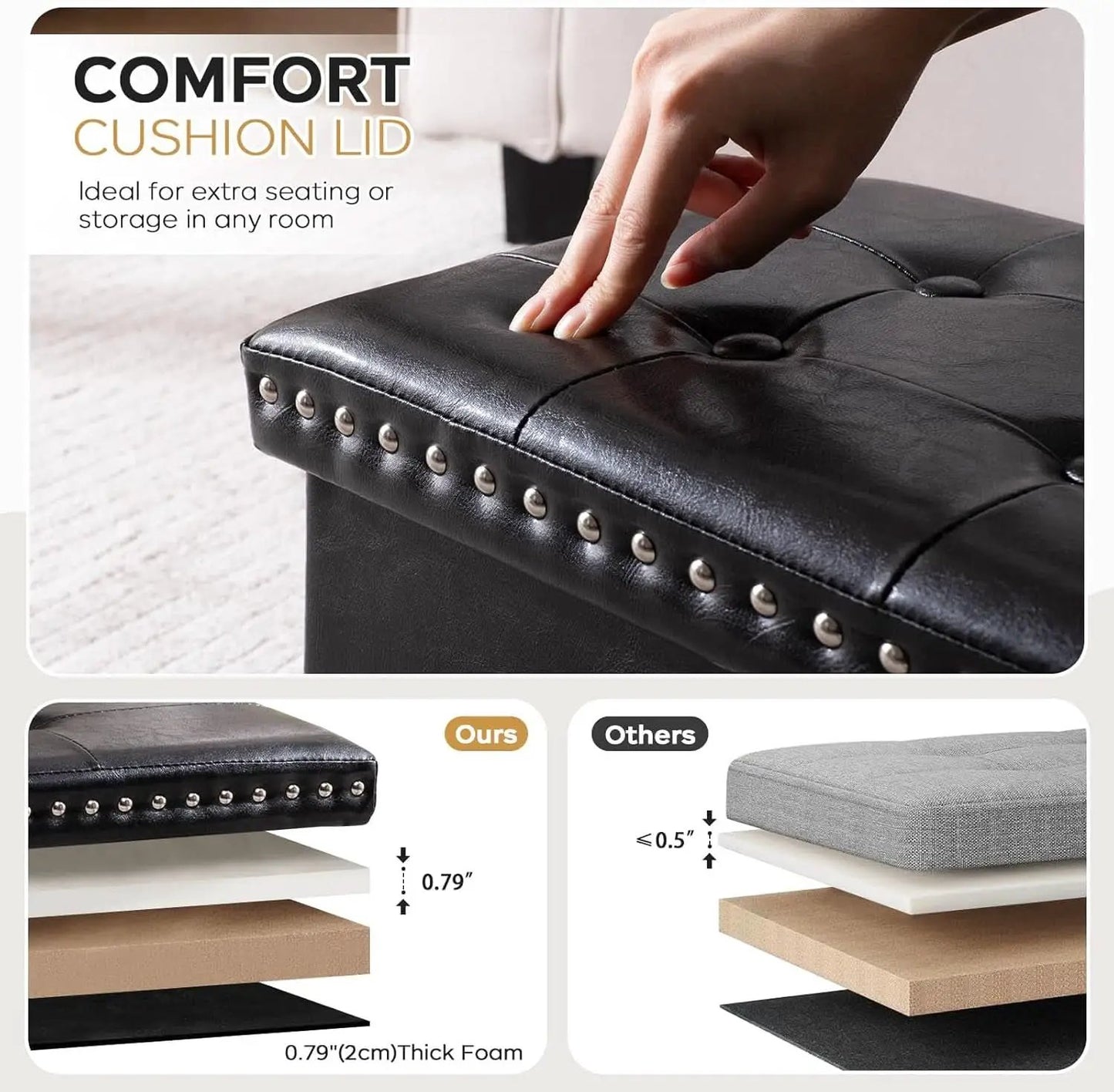 Faux Leather Folding Storage Ottoman 30 Inch Size Black from PriceLows™