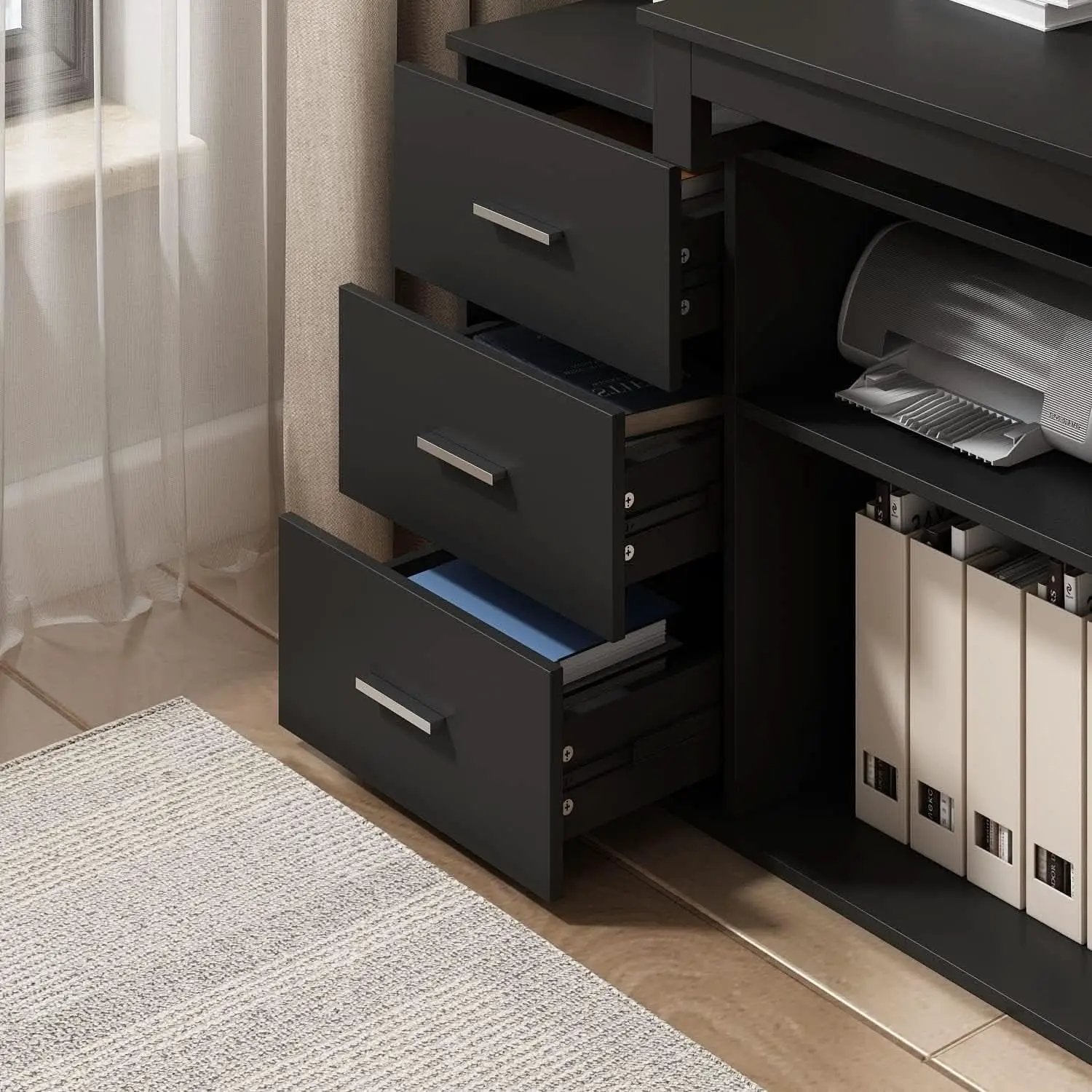 55 Inch L Shaped Computer Desk Black Storage Cabinet from PriceLows™