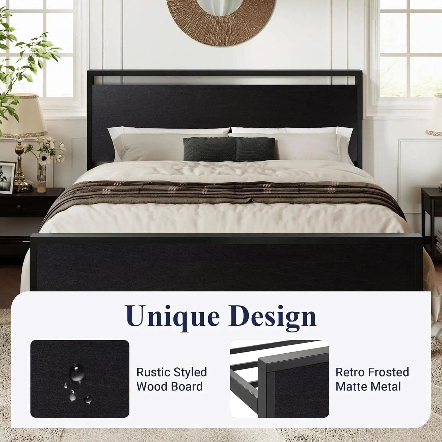Queen Platform Bed Frame With Wooden Headboard And Footboard Black Oak from PriceLows™