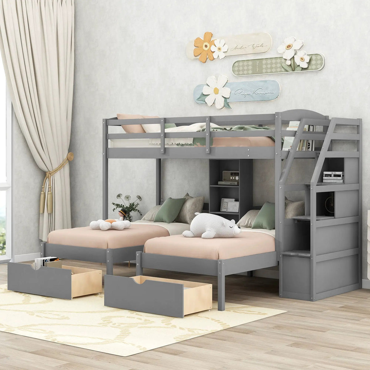 Twin Over Twin And Twin Bunk Bed | Drawers And Staircase Storage | Built-In Shelves | Gray