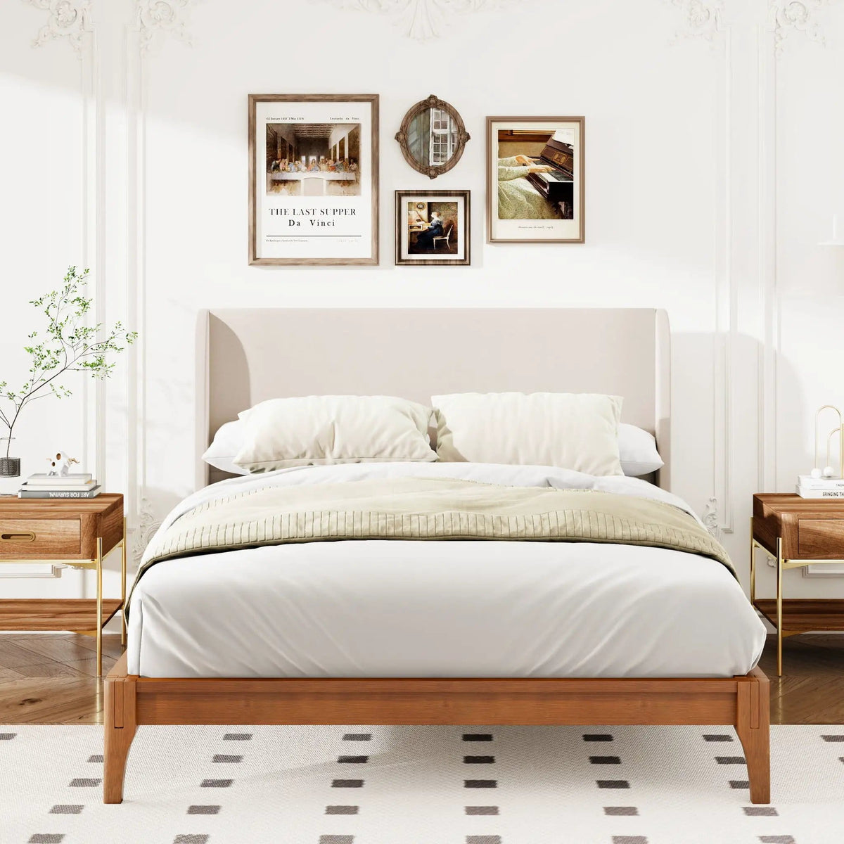 King Size Platform Bed With Upholstered High Headboard - | 83.9 x 78.9 x 48 in | Bamboo & Plywood | Brown