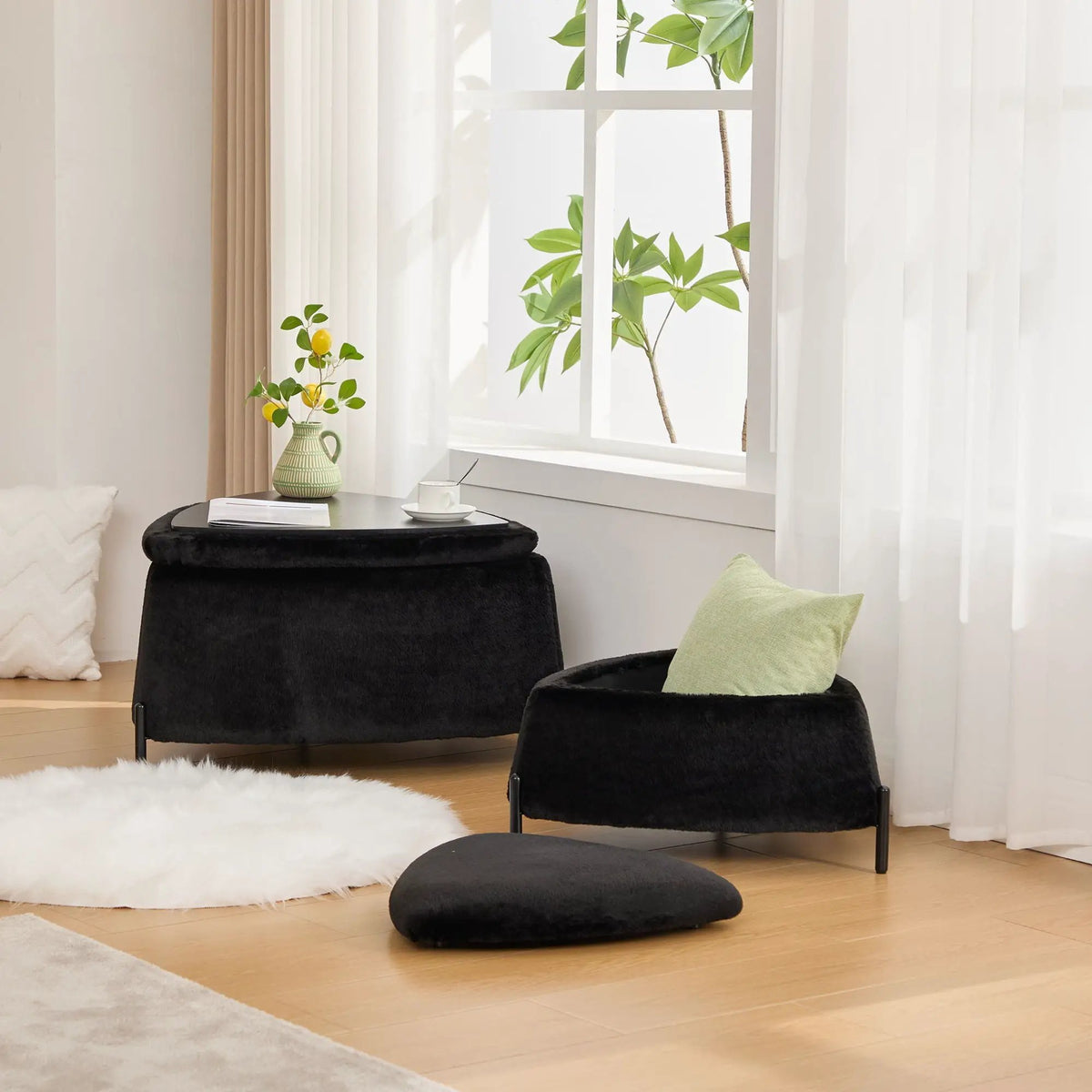 Storage Ottoman Set | Upholstered Faux Fur | Reversible Lid | Solid Wood Frame