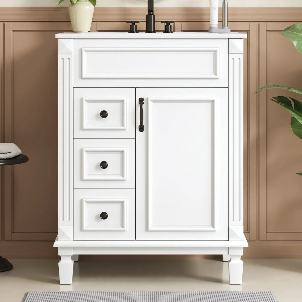 24 Inch Compact Bathroom Vanity | 2 Deep Drawers | Adjustable Shelf | Retro Button Handles
