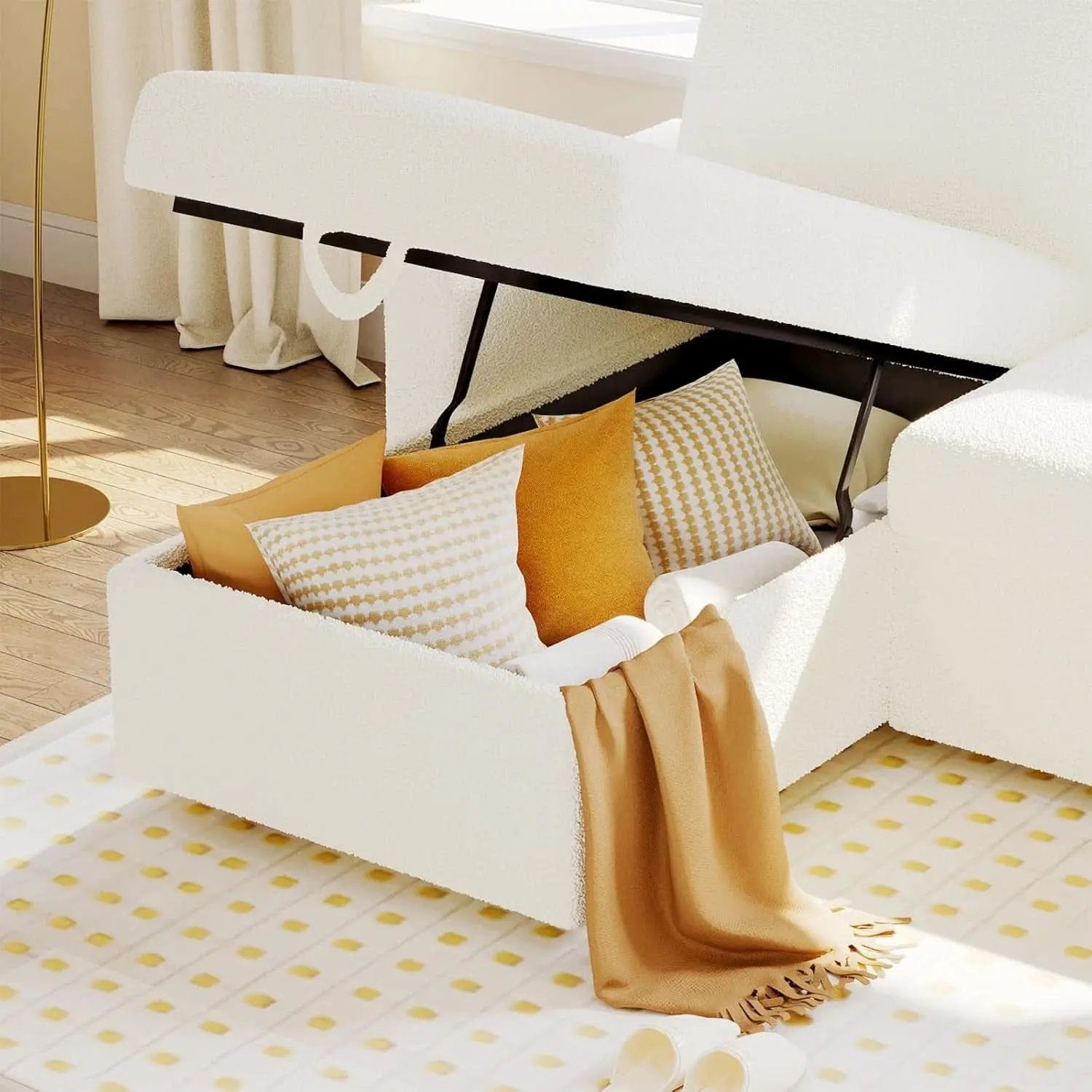 Sleeper Sofa Bed With Storage Chaise In White Boucle from PriceLows™