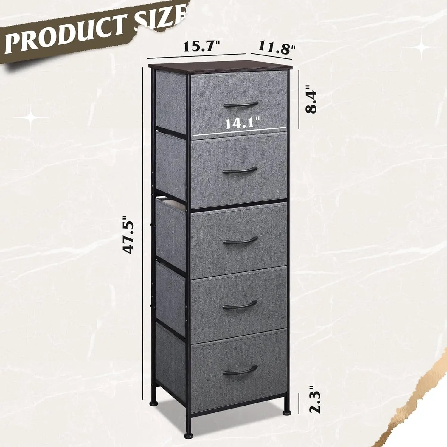 Dark Grey Fabric Dresser 5 Drawer Tall Storage Unit from PriceLows™