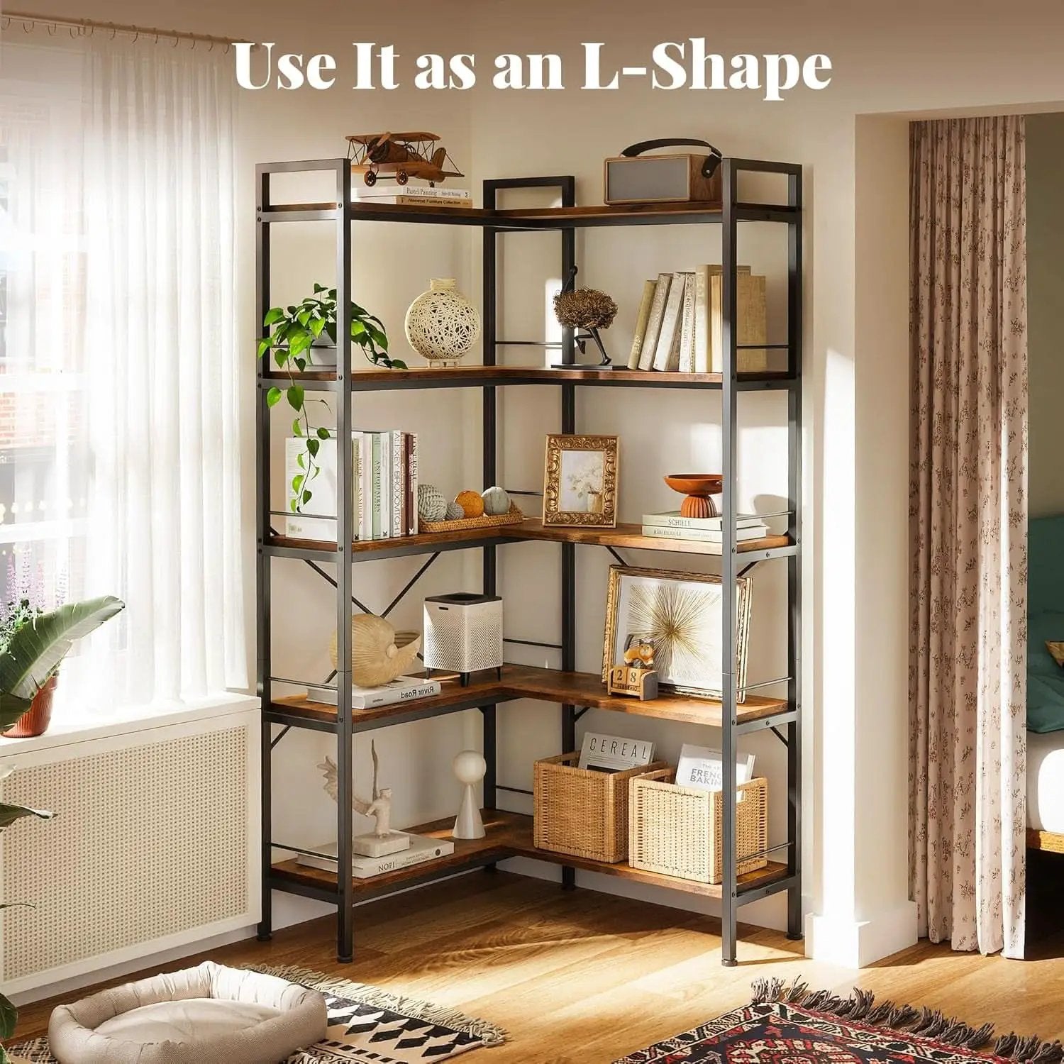 L Shaped Corner Bookshelf 49 Inch Rustic Brown Wood Metal Frame from PriceLows™