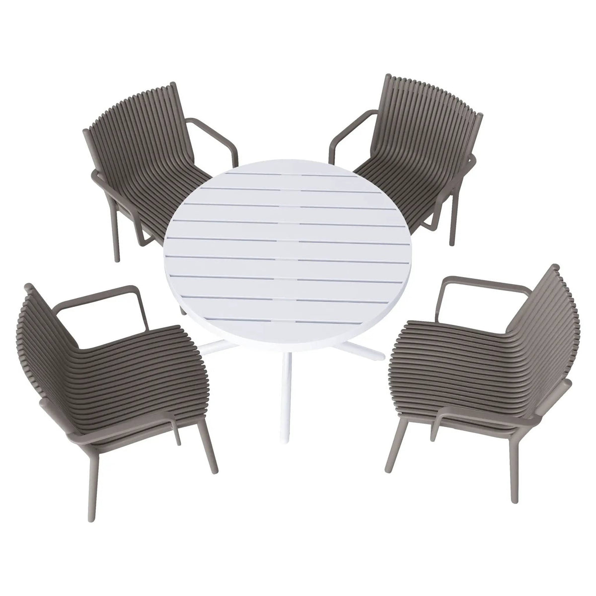 4 Modern Stackable Plastic Armchair Matched With Round Table 5 Piece Outdoor Set | 5 Piece Outdoor Set | Outdoor Living Furniture | Outdoor Living