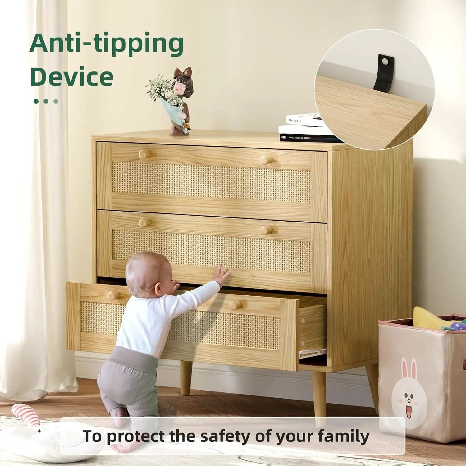 Space-Saving 3-Drawer Rattan Dresser For Bedroom Storage from PriceLows™