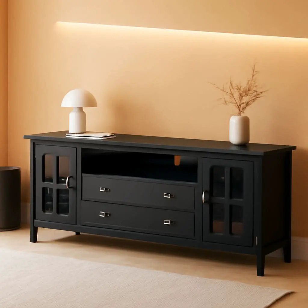 72 Inch Solid Wood TV Stand In Black For 80 Inch TVs from PriceLows™