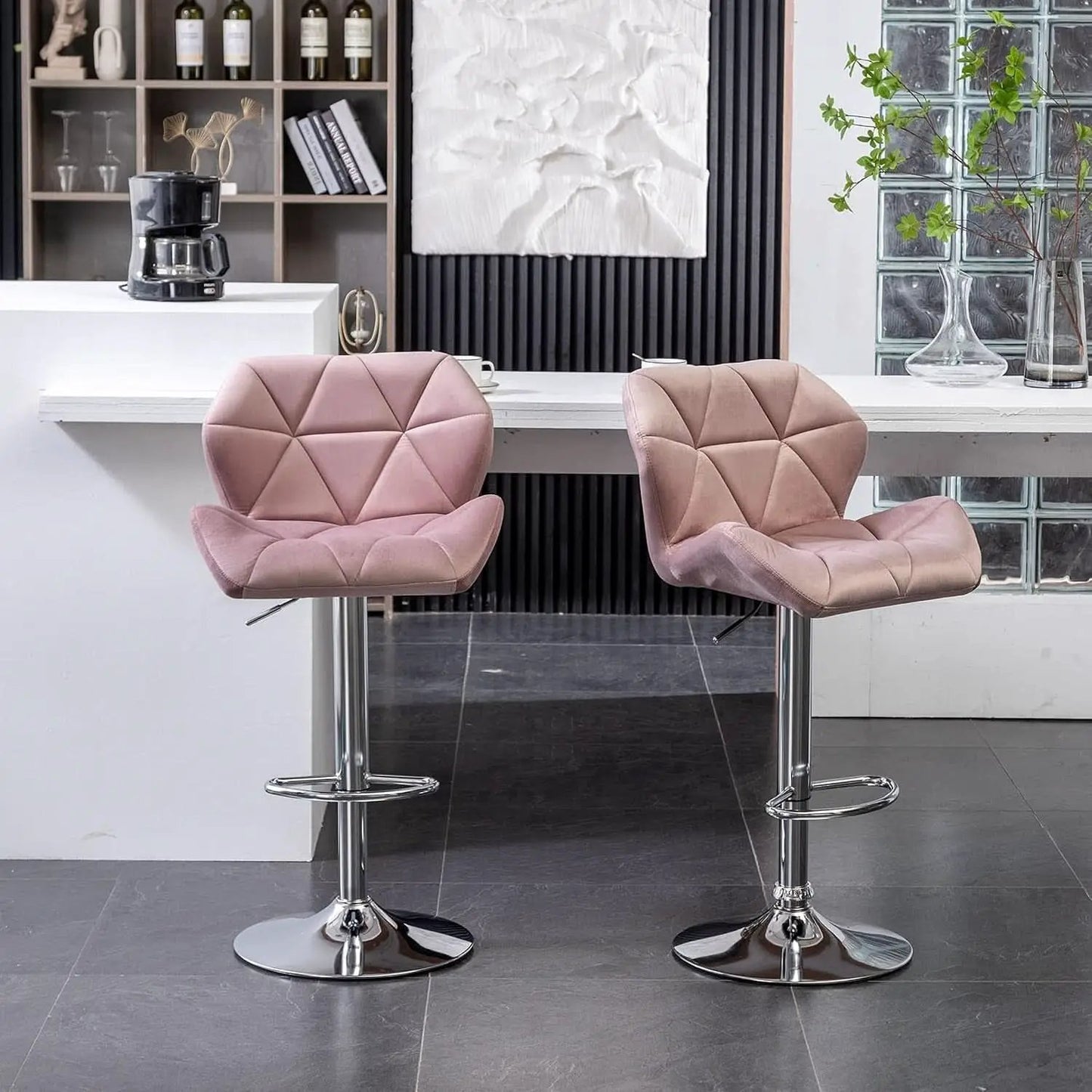 Breni Velvet Diamond Tufted Swivel Bar Stool Set Of 2 Mauve from PriceLows™
