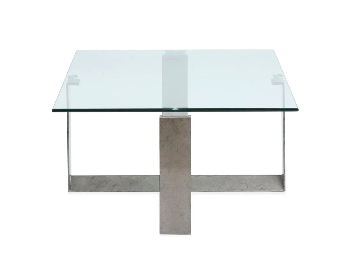 Holden Rectangular End Table | Aged Pewter Metal Frame | Tempered Glass Top | Triangular Base