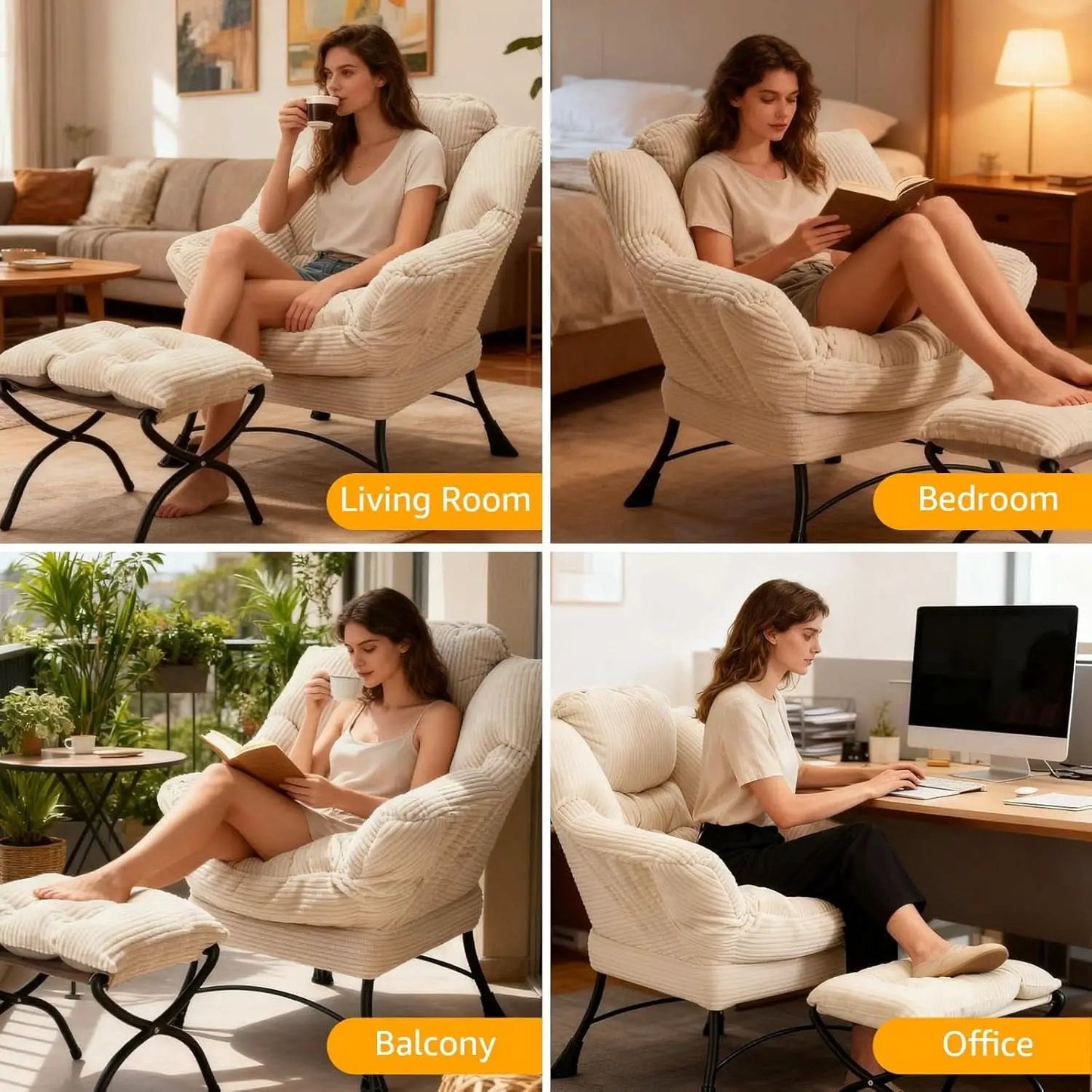 Large Corduroy White Armchair With Ottoman Footrest from PriceLows™