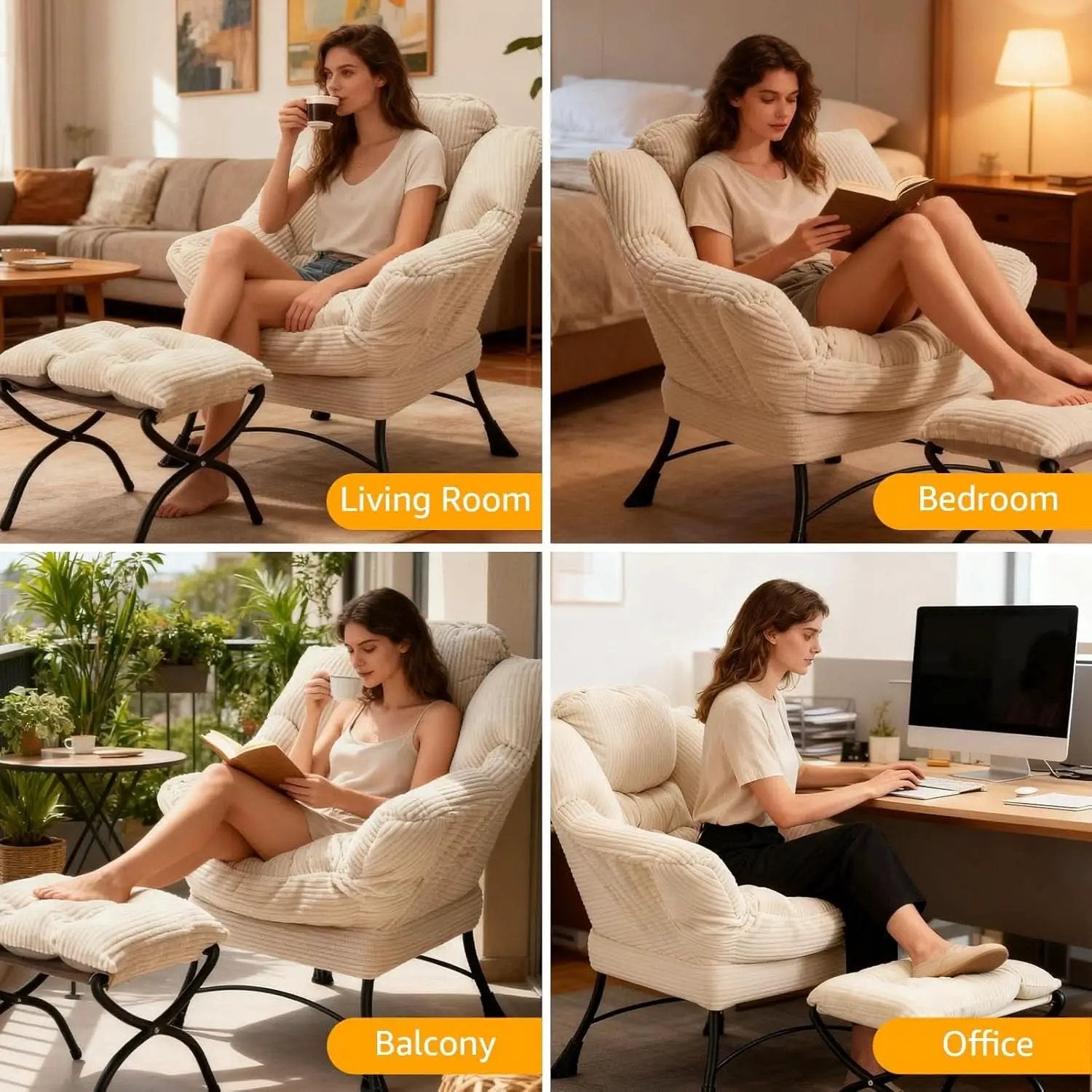 Oversized Corduroy White Reading Chair With Ottoman from PriceLows™