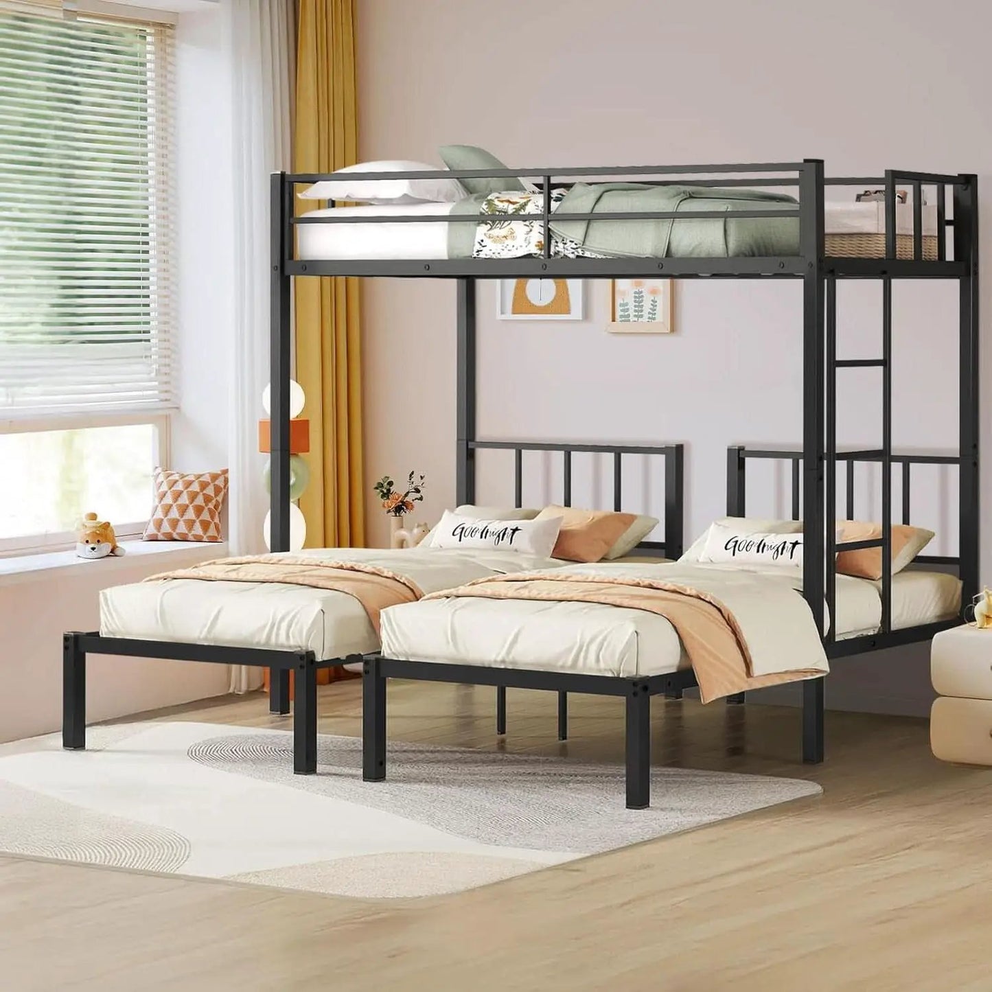 Triple Bunk Bed For 3 With Guardrails And Integrated Ladder from PriceLows™