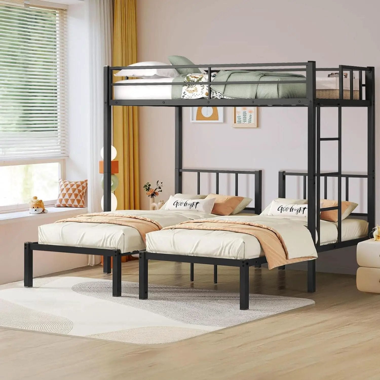 Triple Bunk Bed For 3 With Guardrails And Integrated Ladder from PriceLows™
