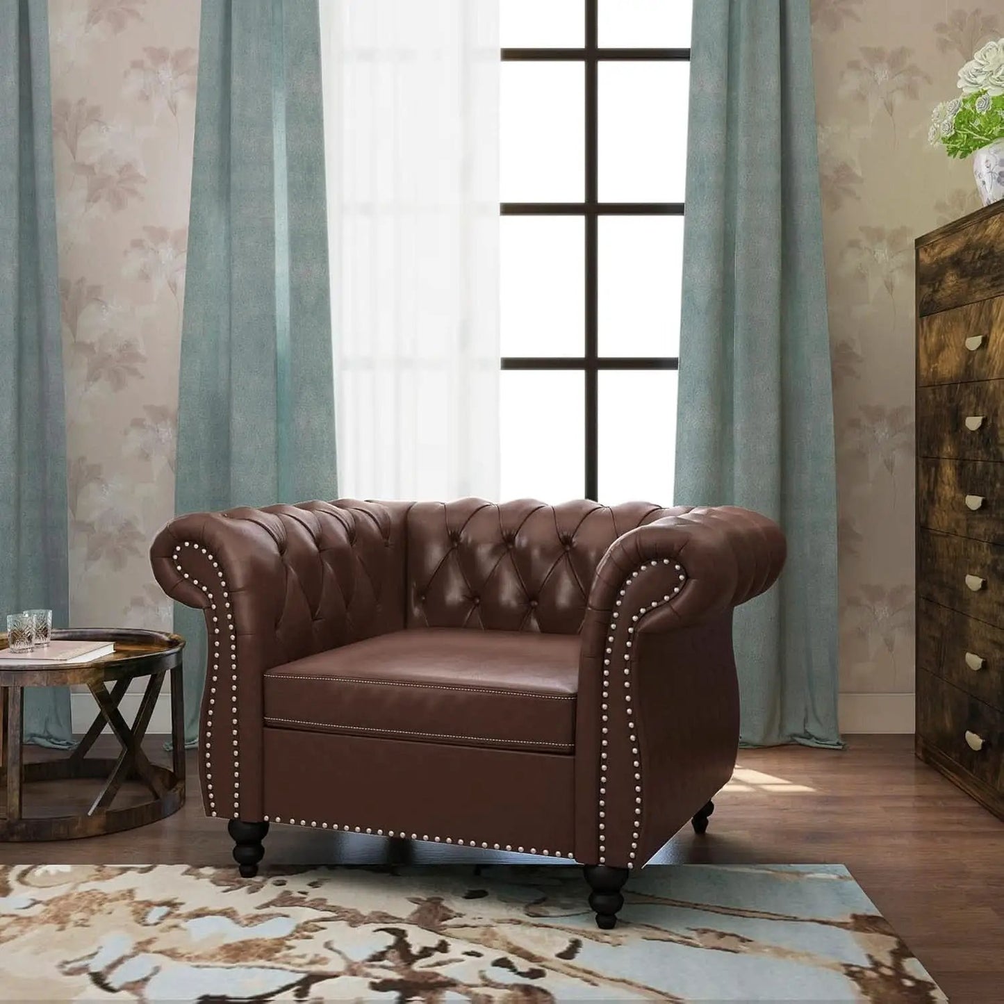Two Piece Living Room Set Chesterfield Leather Sofa And Chair With Scroll Arms In Dark Brown from PriceLows™
