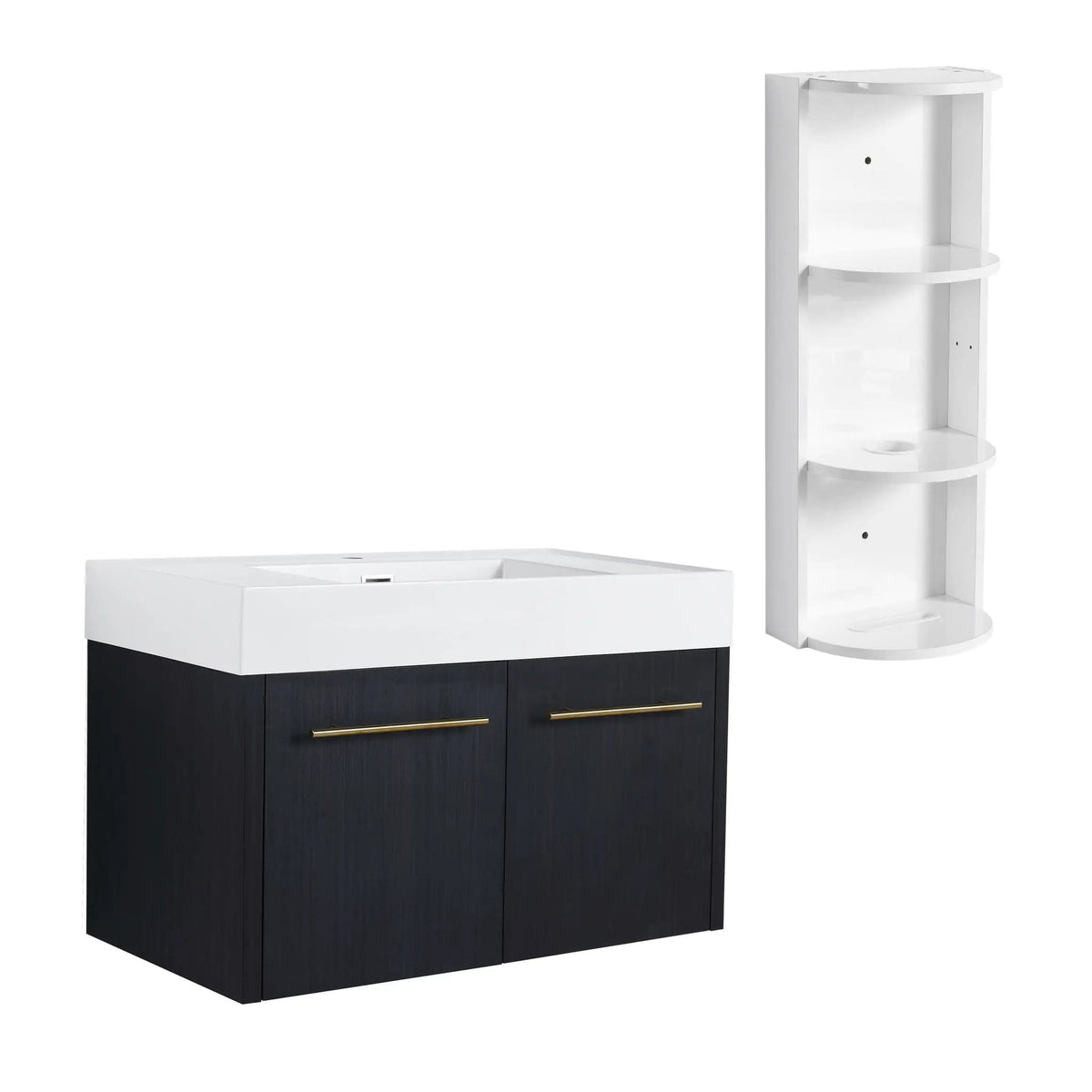 Modern Wall Mounted Bathroom Vanity With Thick Edge Resin Sink And Storage Rack | 3 Pieces | Stainless Steel & Plywood | Bathroom