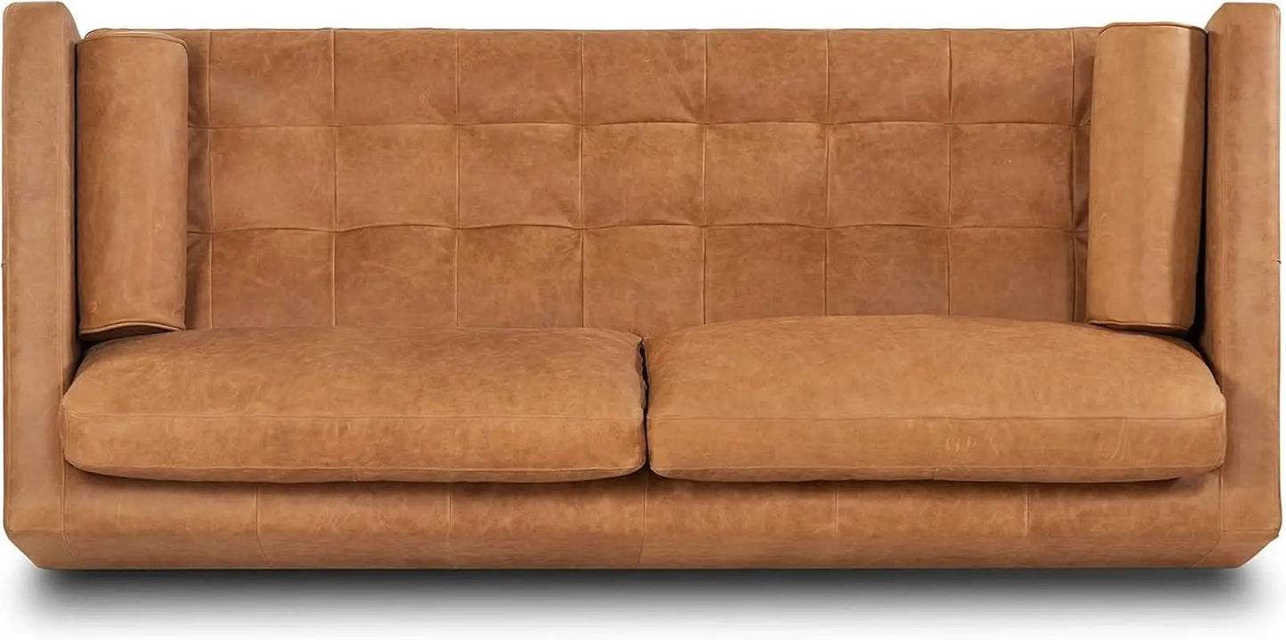 Cognac Tan Leather Mid Century Sofa With Bolsters In Stock from PriceLows™